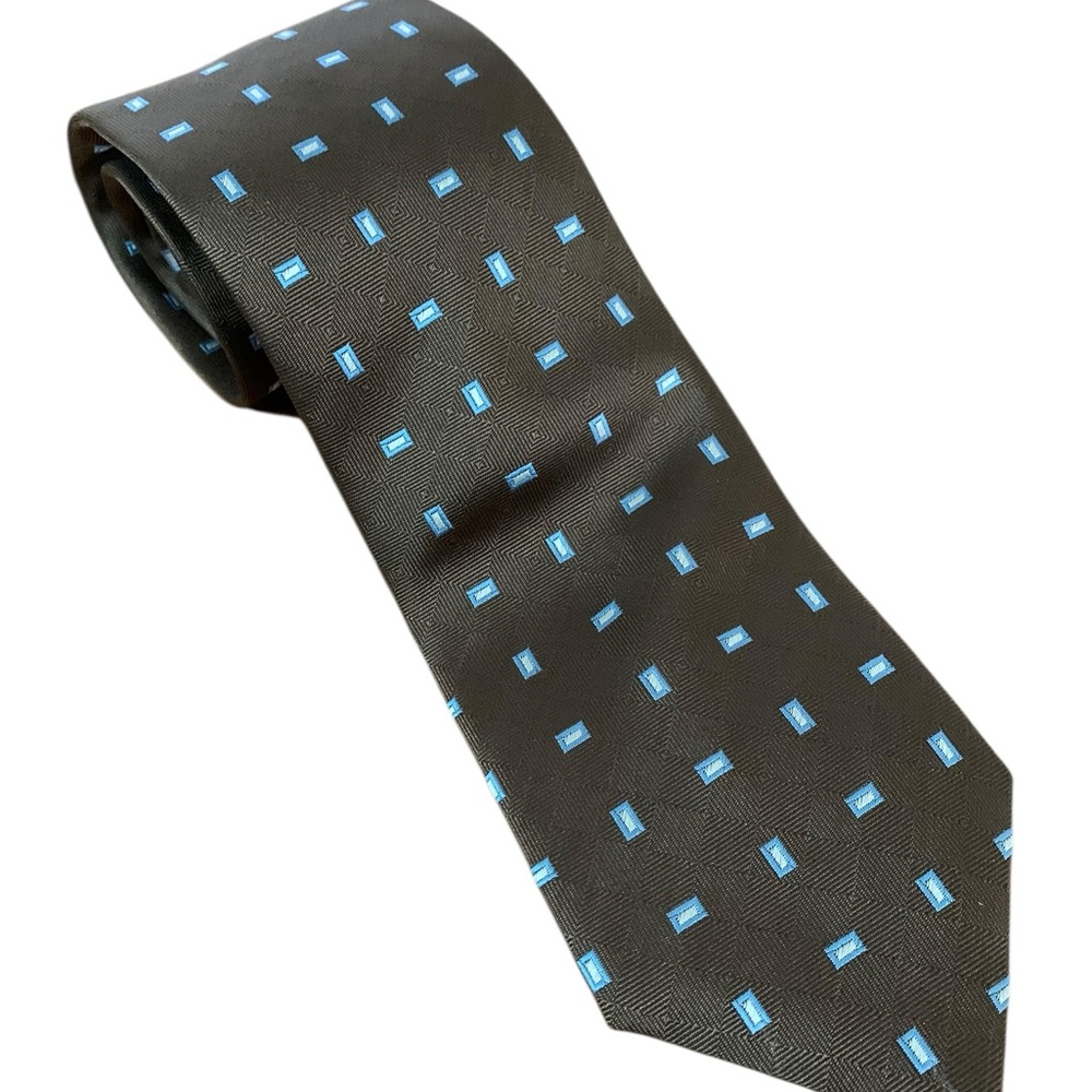 David Donahue Silk Tie – Chocolate Brown w/ Blue Rectangles – NWT – Made in USA